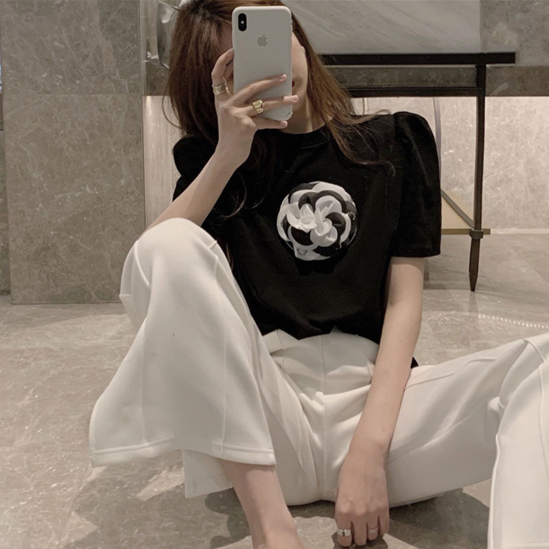 Otterles outlets2022 New Tide 100 Hitch Flowers Short Sleeve T-Shirt Woman Temperament Black Blouse CX1720