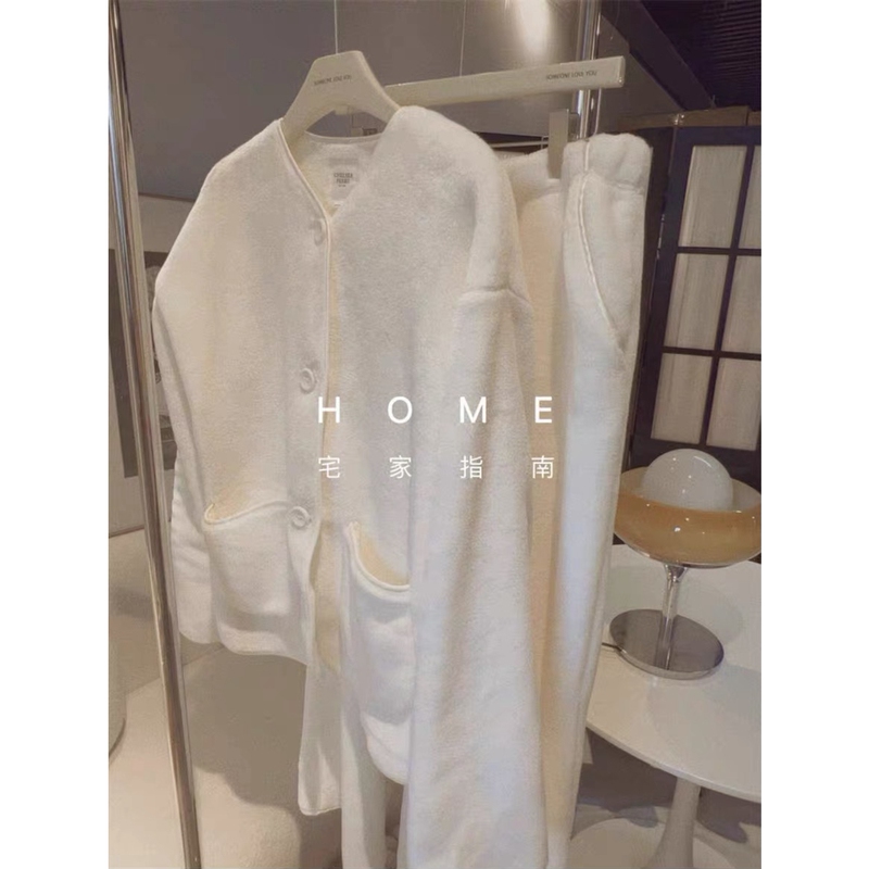 British Style Soft and Fluffy Pure White Simple Double-Sided Fleece Warm Cardigan Loungewear Pajamas
