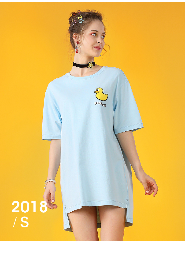 PANCOAT thương hiệu thời trang ánh sáng màu xanh vịt màu vàng in dress dài ngắn tay T-Shirt PCATE18223