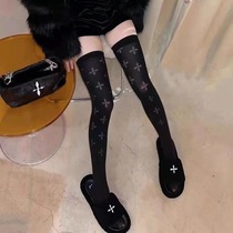 The same trendy brand jacquard knitted hollow niche cross black over-the-knee stockings popular calf socks internet celebrity