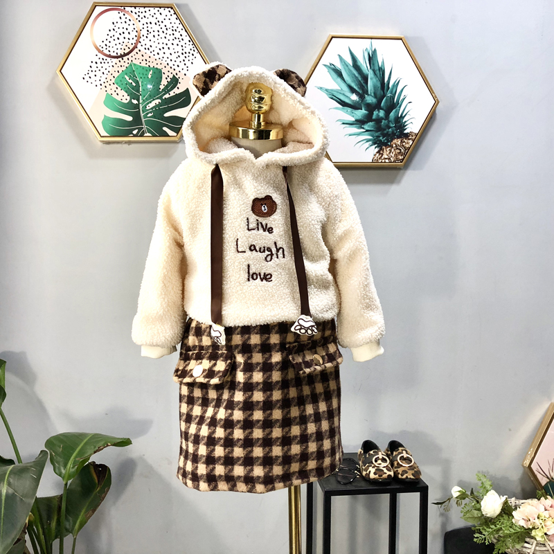 Cô gái phù hợp với mùa đông mới trẻ em áo len dày da cừu + váy len hai mảnh Quần áo trẻ em Hàn Quốc áo trẻ em
