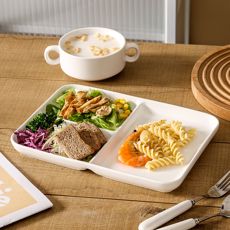 Ceramic Divided Plate for Adults, Student Cafeteria Fast Food Plate, Children's Tableware, Snack Three-Compartment Plate, Painting Plate, Color Mixing Plate