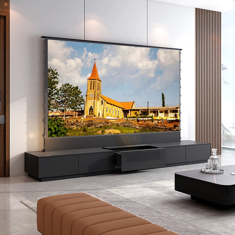 Fully Automatic Laser Tv Cabinet with Floor-Mounted Screen and Integrated Fabric Cabinet, Smart Retractable Invisible Home Theater 88/ 100inch