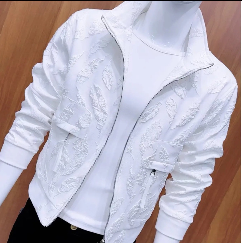 Autumn Design-Inspired Jacquard Craft Stand-Collar Stylish Jacket for Young Men, Slim-Fit Solid Color Versatile Men's Jacket