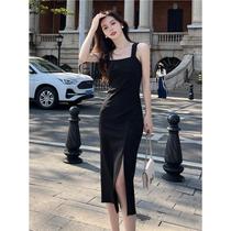 Ocnltiy French Hepburn Wind Hanging Dress 2024 New Light Luxury Waist Slim Fork Small Black Dress