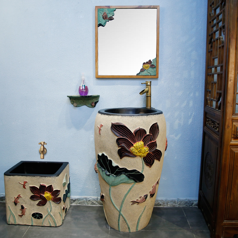 New Chinese washbasin Small household type Hand washing type Simple square floor-to-ceiling column-type one-piece simple balcony art basin