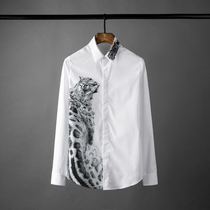 Spring painting leopard print mens flower shirt Casual trend handsome mens long sleeve slim fashion white shirt