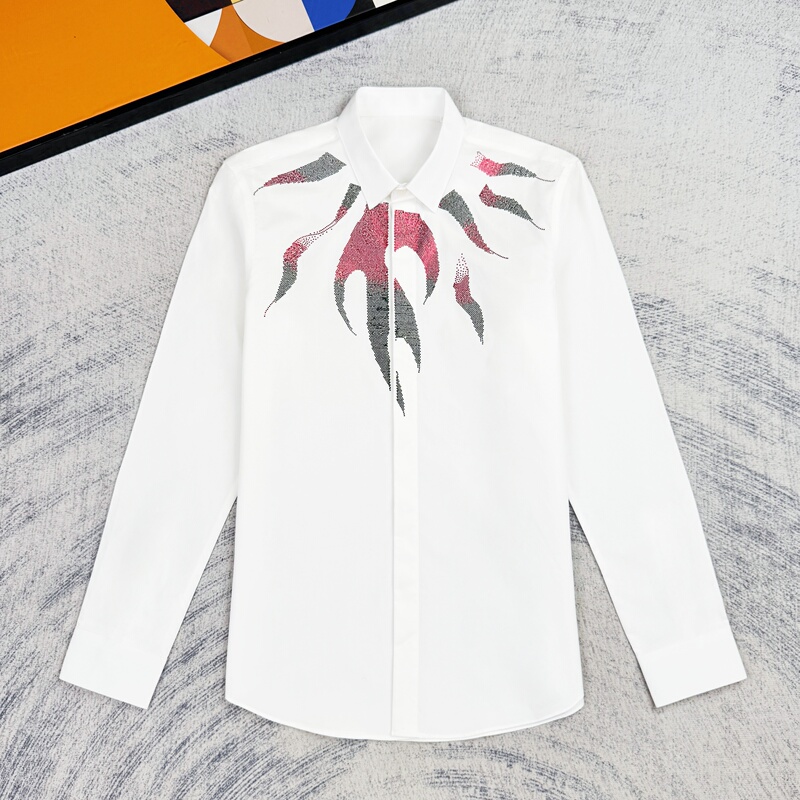Red Flame Pressed Diamond Shirt, Fashionable Business Men's Clothing, Casual Trendy Men's Handsome Long-Sleeved Slim Shirt for Men