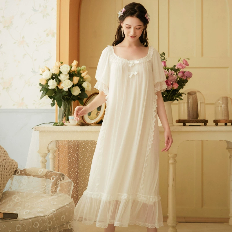 Váy ngủ nữ ngắn tay mùa hè dài phương thức đồ ngủ băng lụa cung điện công chúa ngọt ngào và lỏng lẻo kích thước lớn phục vụ tại nhà mùa xuân và mùa thu - Đêm đầm