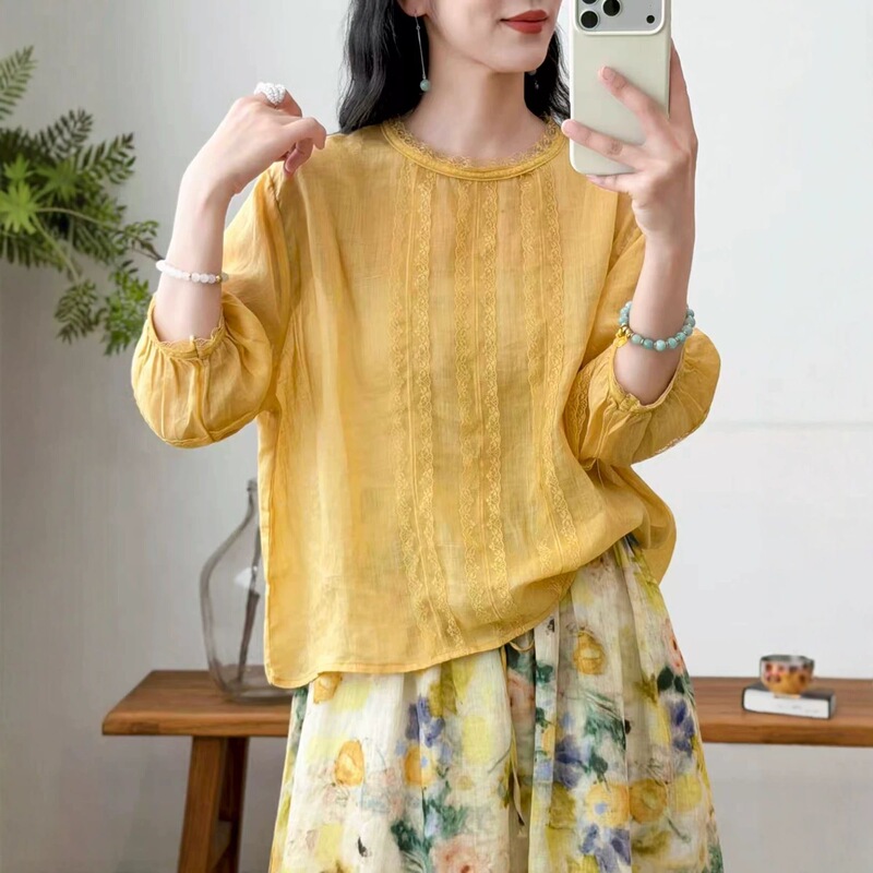 French-Style Artistic Lace-Trimmed Round-Neck Pullover Mid-Sleeve Shirt for Women, Summer Thin, Cool, Breathable Ramie Half-Sleeve Top French-Style Artistic Lace-Trimmed Round-Neck Pullover Mid-Sleeve Shirt for Women, Summer Thin, Cool, Breathable Ramie Half-Sleeve Top