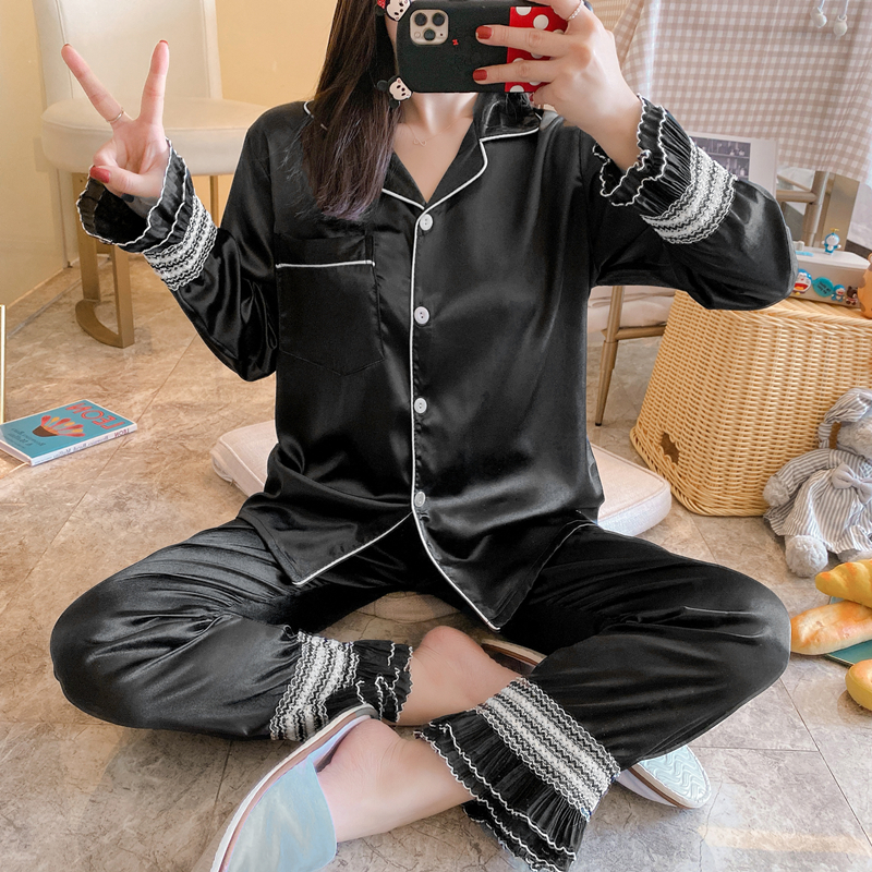 Real shot spring pajamas big brand silk Lapel cardigan home Suit Black