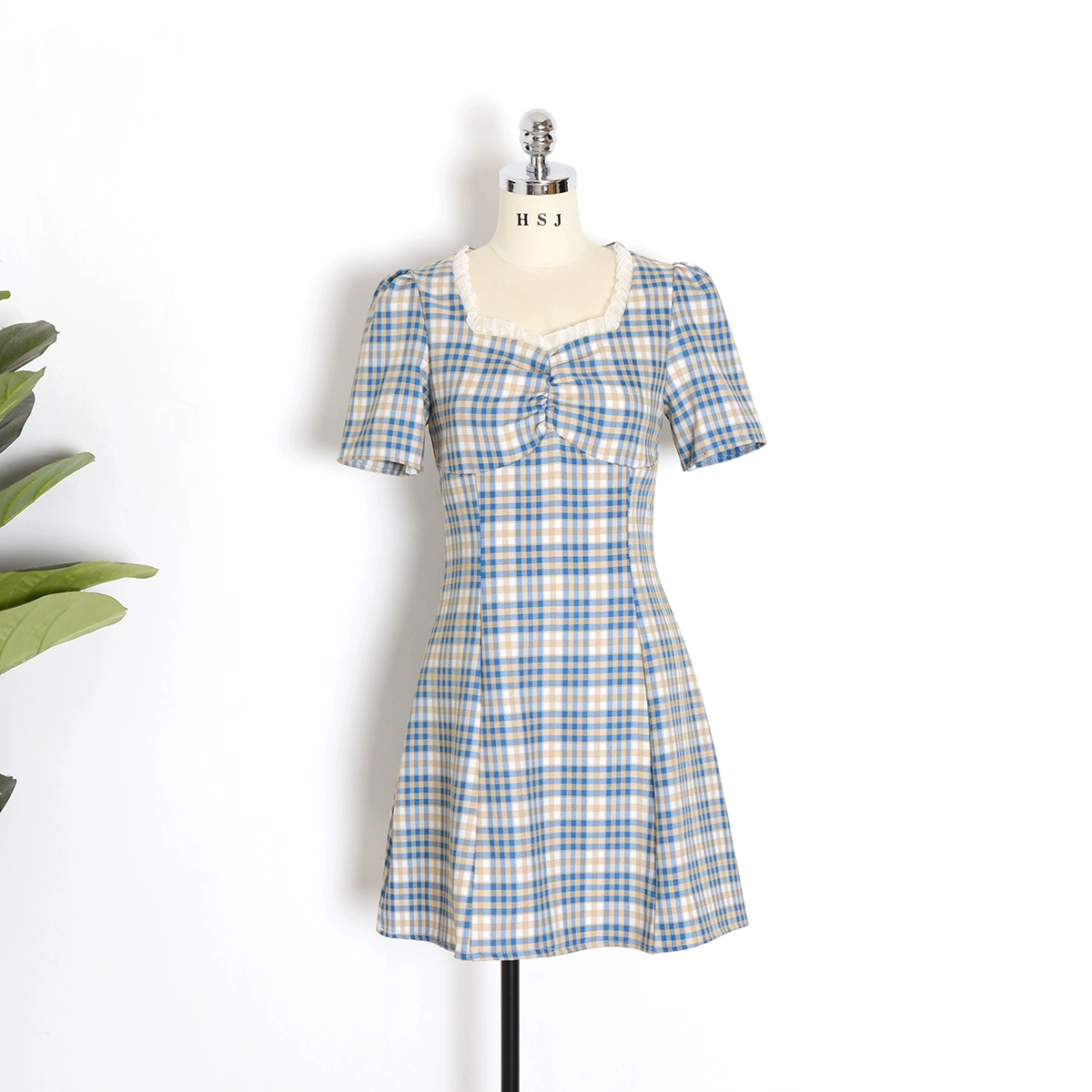 Pháp cổ vuông kẻ sọc đầm nữ mùa hè 2020 mới phồng tay áo eo thon a-line váy ngắn - Sản phẩm HOT