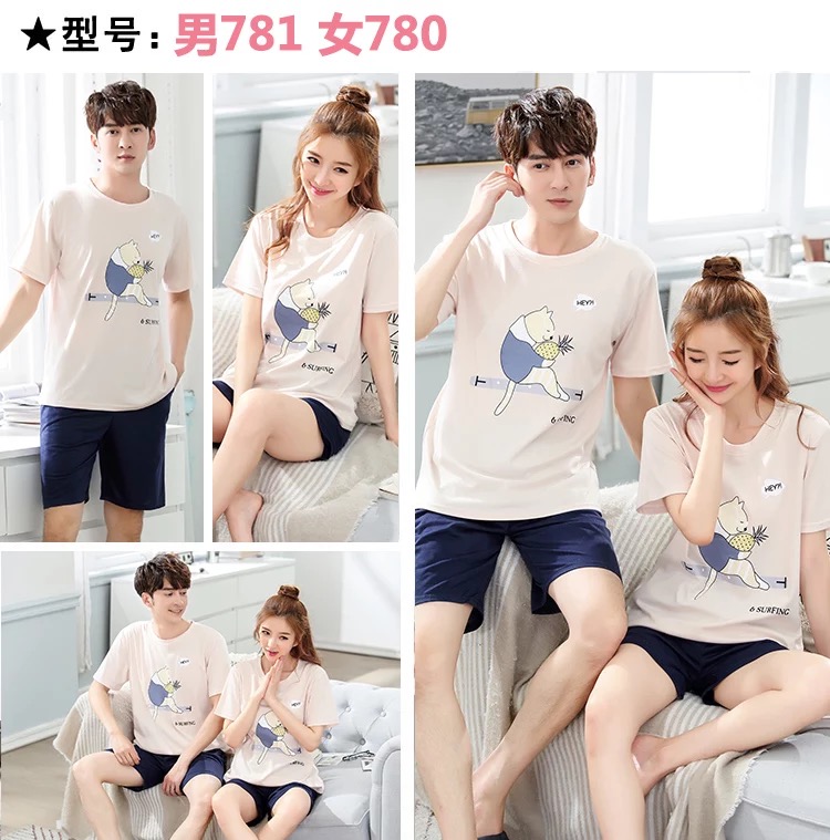 Phiên bản Hàn Quốc của bộ đồ ngủ đôi mùa hè cotton ngắn tay cỡ lớn nữ mẫu Phiên bản Hàn Quốc của những người đàn ông dễ thương sọc thường mặc phù hợp đồ mặc nhà cho cả gia đình