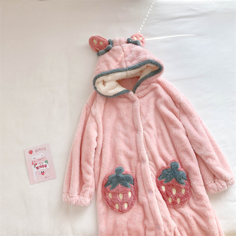 Cute ~ Winter Coral Suede Pyjamas women's autumn and winter furry long version of lovely day series sweet and thickened with velvety sleeping robe woman