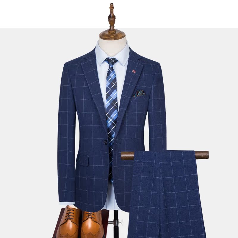 2022 spring and autumn new suit suit male Korean version slim youth blue plaid suit groomsmen wedding dress