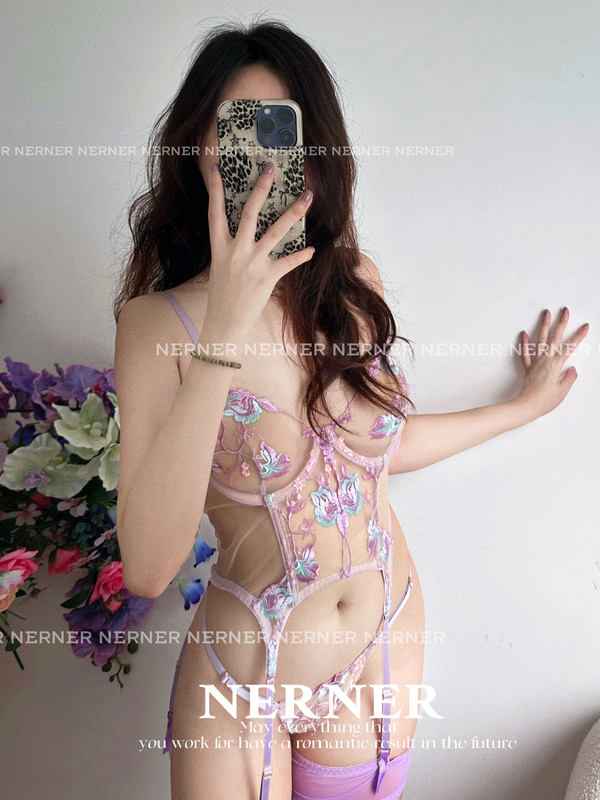 Nerner Garden Romance* Pearlescent Purple Jade Flower Embroidery Lace Sexy Mesh Fishbone Lingerie Set Nerner Garden Romance* Pearlescent Purple Jade Flower Embroidery Lace Sexy Mesh Fishbone Lingerie Set