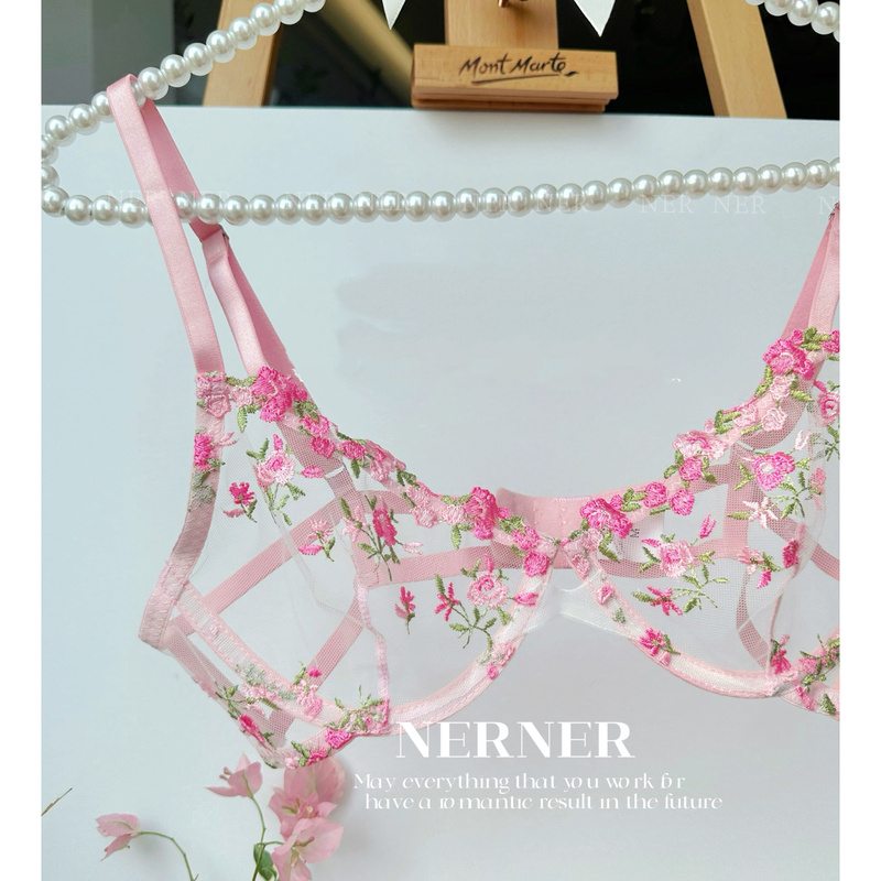 Nerner Super Beautiful Floral Embroidery Sweet and Sexy Mesh Bra Set Fresh Floral Lingerie for Women