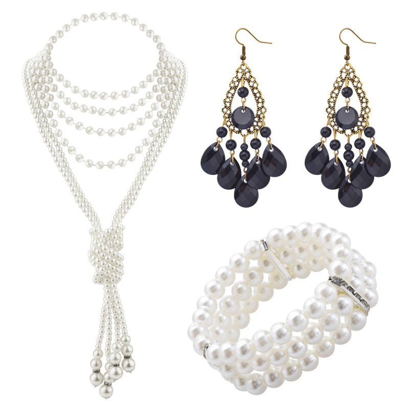 The Great Gatsby Masquerade Hair Accessories Bracelet Necklace Earrings Set Diamond Pearl Earrings Necklace