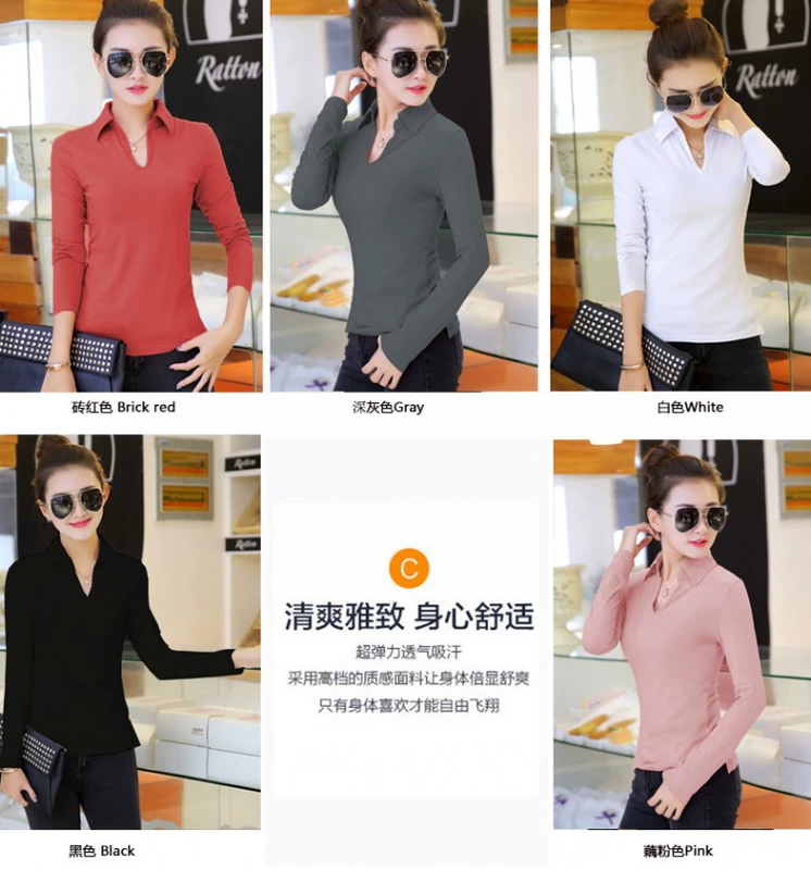 Áo sơ mi nữ size rộng cho nữ mùa thu mm dài tay mỏng manh cộng với phân bón XL ve áo cotton đáy áo thun áo nỉ nữ