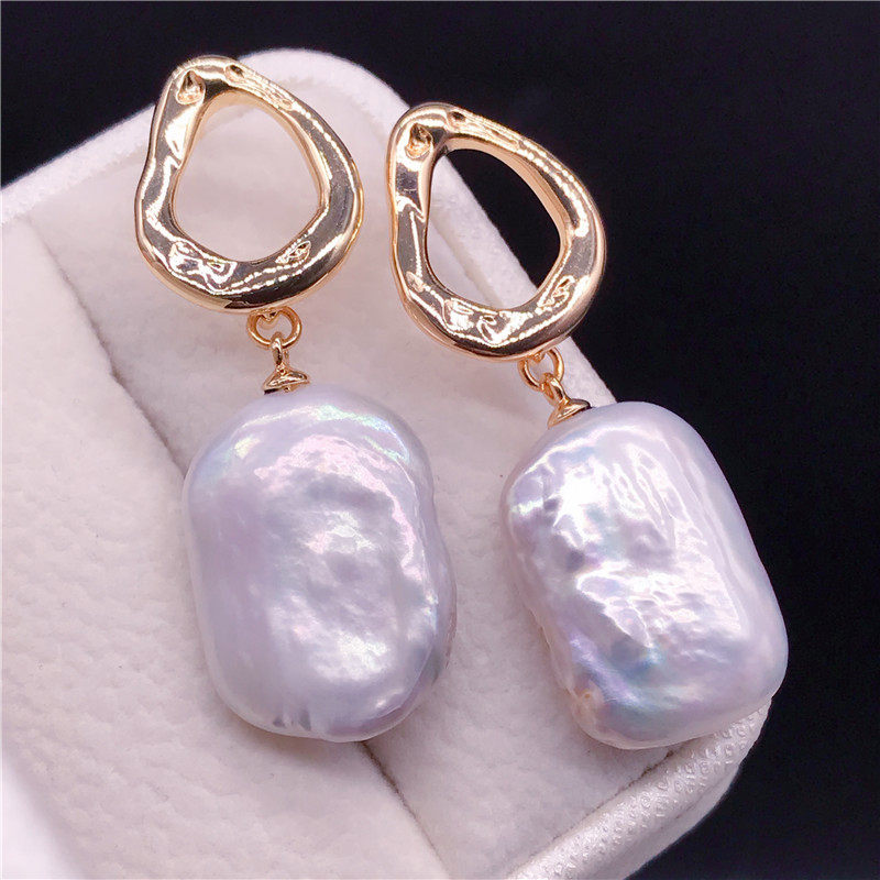 14K Notes Gold Pure Silver Natural Dazzling Baroque Pearl Earrings 15 -19mm Pearl Earrings Method Retro