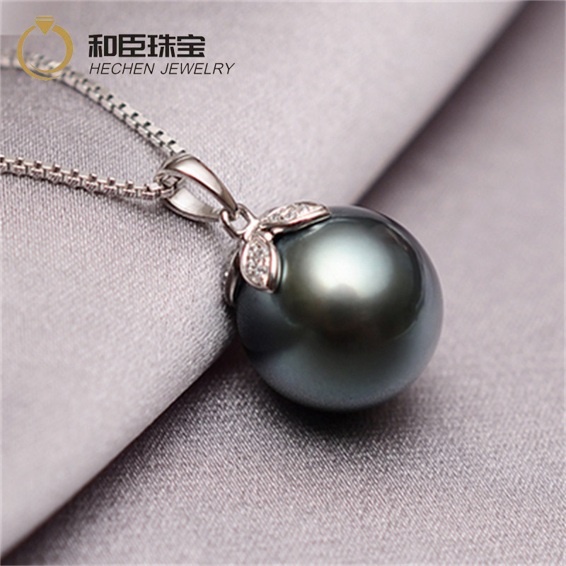 Four Leaves Grass 925 Pure Silver Seawater Pearl Powder Necklace Big Creek Black Pearl Powder Pendant Positive Round Glare Send Girlfriend