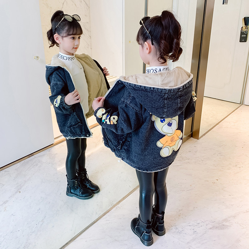 Next inss girl denim coat autumn and winter New plus velvet padded children's clothing girl winter foreign style jacket