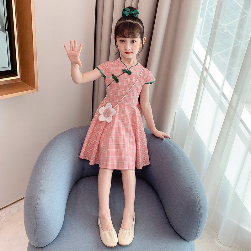 Next inss girls cheongsam dress 2022 new summer dress western style plaid little girl princess skirt trend