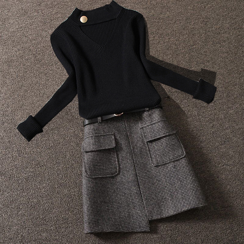 2026 Spring New Fashion Slim Fit Knit Top and Plaid Tweed Short Skirt Two-Piece Set for Women Trendy