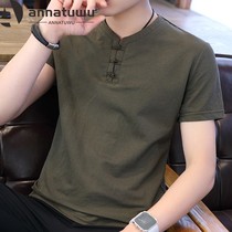 Mens short sleeve T-shirt Summer 2020 new Chinese style trend cotton linen body shirt mens V collar slim top mens Tide brand