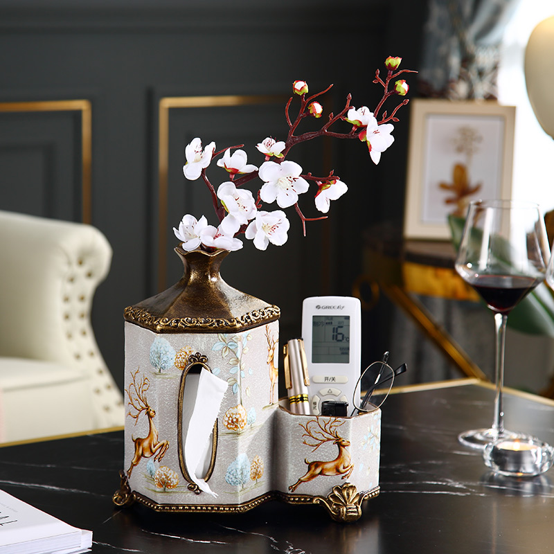 Eurostyle Décor Tissue Box Home Flower Arrangement Paper Towel Drum Retro Art Pendulum of Elk Multifunction Resin Handiwork