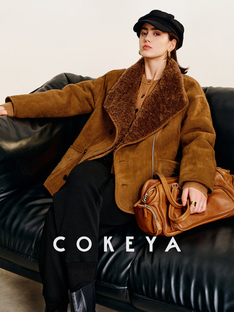 Cokeya/Toffee Hazelnut~Imported Merino Wool Double-Sided Shearling Collar Fur Coat for Women Winter