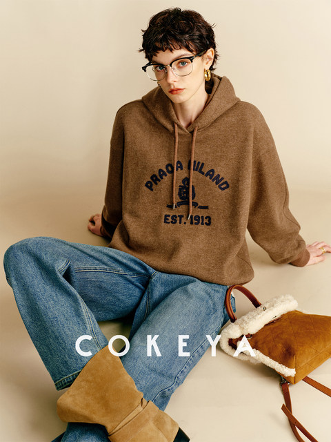 Cokeya/Lazy Weekend~12-Gauge 100% Wool Letter Embroidery Loose Hooded Knit Sweatshirt for Women, Spring