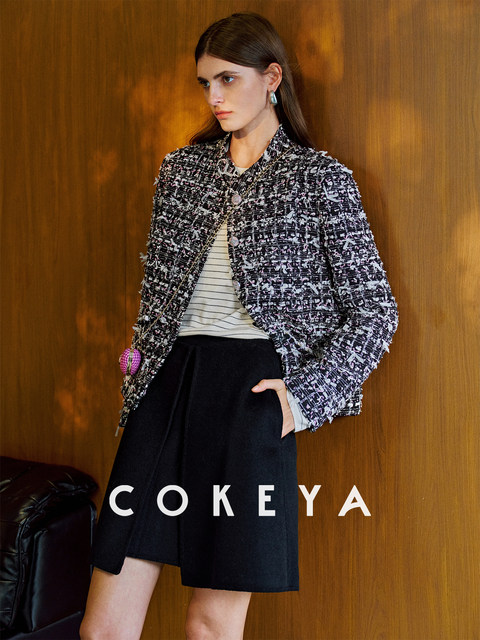 Cokeya/Urban Night Cherry~Italian Imported Japanese Paper Yarn Tweed Stand Collar Chanel-Style Jacket for Women Spring