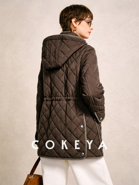 Cokeya/English Holiday~B's Royal Wool and Cashmere Diamond Pattern Hooded Waist-Tightening Loose Cotton Jacket for Women in Winter