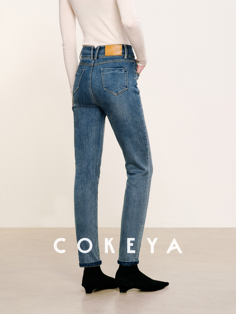 Cokeya/6X Stretch High Waist Slimming Fleece-Lined Washed High-Waisted Slim Fit Cropped Skinny Jeans for Women Winter