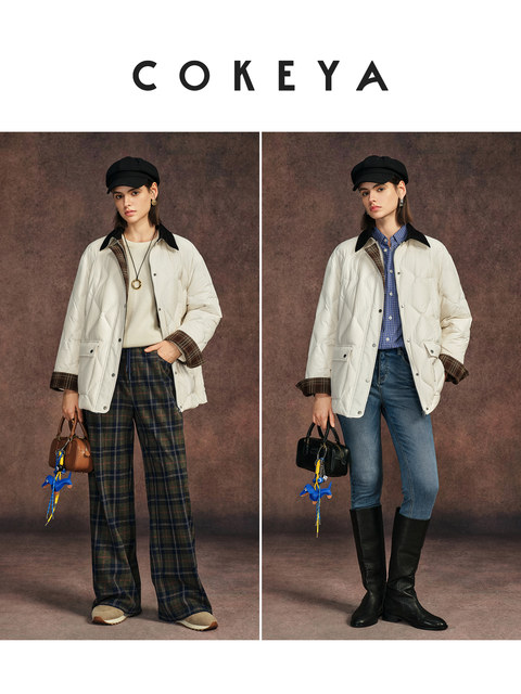 Cokeya/Retro Barn Style~90 White Goose down Workwear Round Neck Mid-Length Lightweight down Jacket for Women Winter