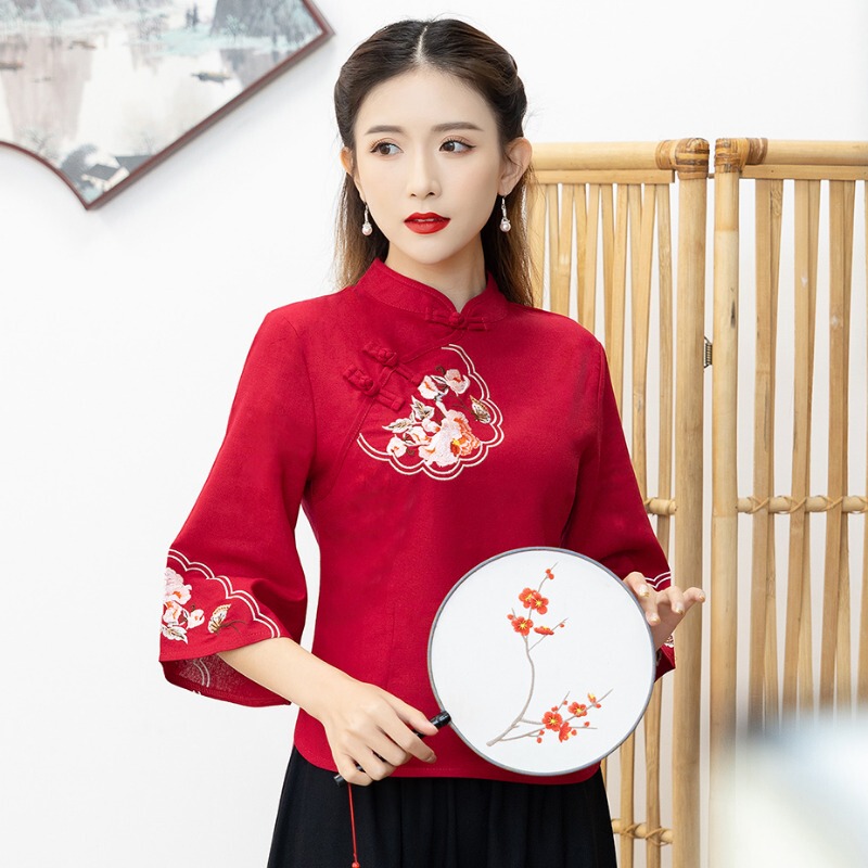 Ethnic Style Women's Clothing, Chinese-Style Button Embroidery, Cotton and Linen Three-Quarter Sleeve Top, Spring and Summer Chinese Style Hanfu Tang Suit Women's Tea Dress Ethnic Style Women's Clothing, Chinese-Style Button Embroidery, Cotton and Linen Three-Quarter Sleeve Top, Spring and Summer Chinese Style Hanfu Tang Suit Women's Tea Dress