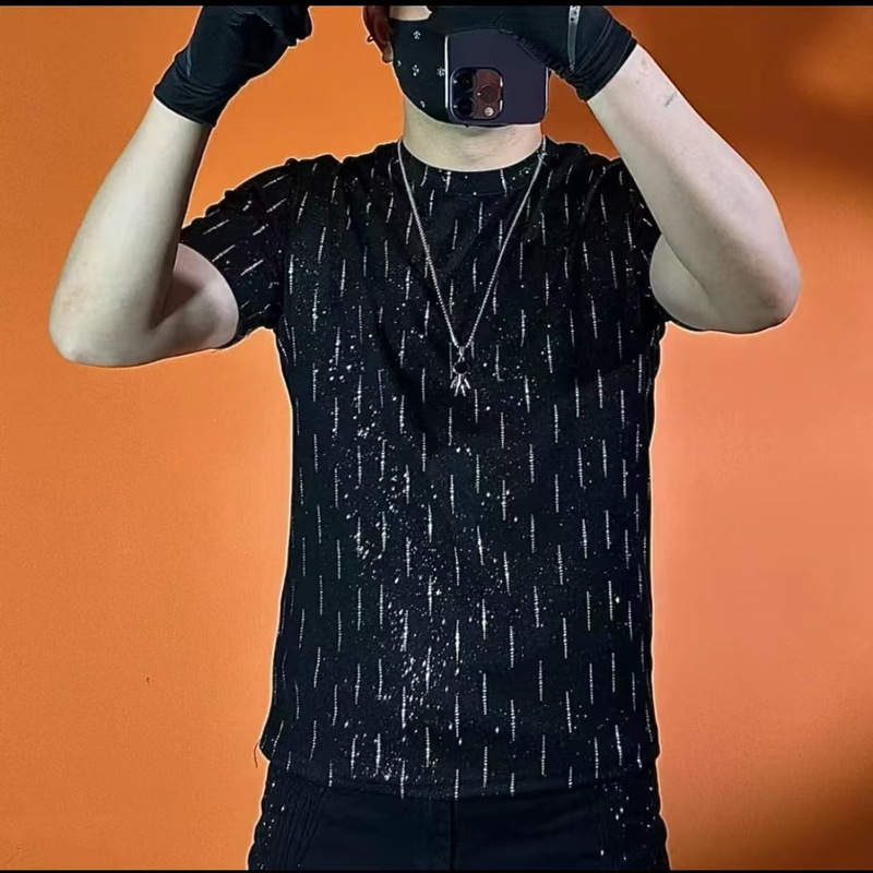 2026 Summer New Men's Trendy Brand Design Rhinestone Shiny Black Crew Neck Short Sleeve T-Shirt Fashion Versatile Top