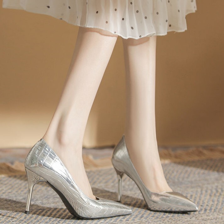 35-45 Large Size Women's Shoes 44 French Style Stiletto High Heels Women's 43 New Niche Silver Plaid Elegant Single Shoes 42