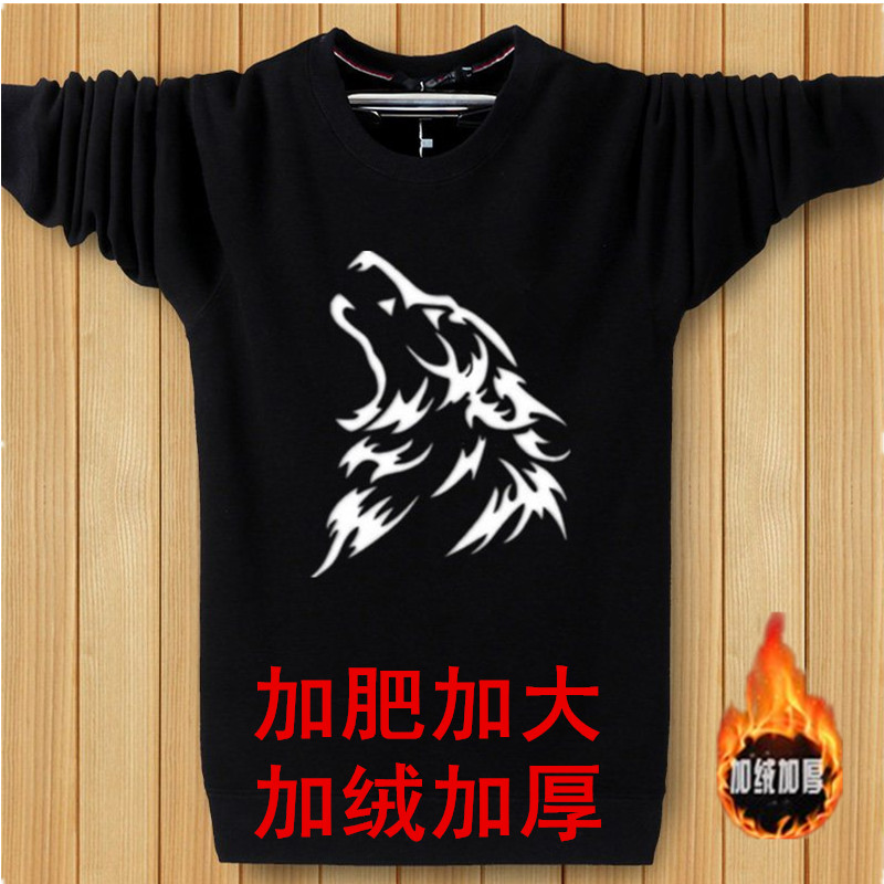 Mẫu áo thu đông cộng với áo len nhung cổ tròn nam cộng với phân bón XL áo thun dài tay áo thun cotton ấm áp áo thun rộng áo thun có cổ