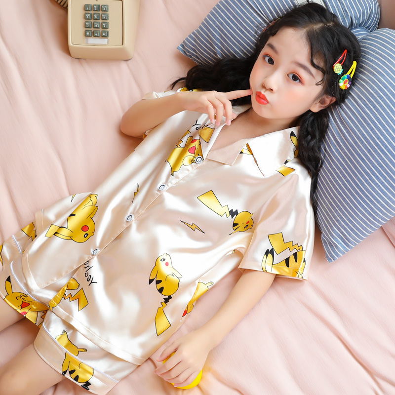 South Korean parent-child female sleepwear children Summer thin Ice Silk Short sleeves CUHK girl suit Home Suit Air Conditioning Suit