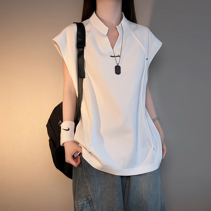 White Studded V-Neck Vest for Men, Summer High-End Deconstructed Sleeveless T-Shirt, Short-Sleeved American High Street Undershirt