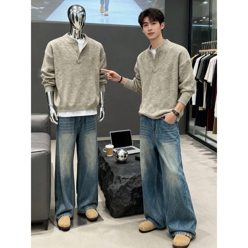 American Retro Henley Collar Sweater for Men, Autumn and Winter Polo Collar, Right Shoulder Inner Layering Top, Cleanfit Base Knitwear American Retro Henley Collar Sweater for Men, Autumn and Winter Polo Collar, Right Shoulder Inner Layering Top, Cleanfit Base Knitwear