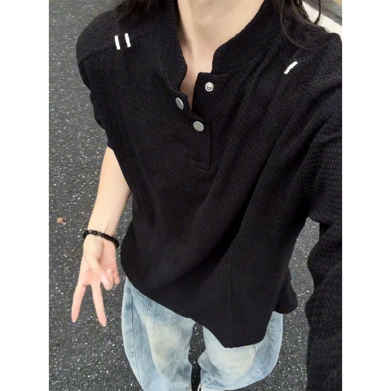 Black Waffle Embroidered Regular Shoulder Sweatshirt for Men, Autumn and Spring High-End Style, Henley Collar Long-Sleeve T-Shirt, Textured Polo Shirt Black Waffle Embroidered Regular Shoulder Sweatshirt for Men, Autumn and Spring High-End Style, Henley Collar Long-Sleeve T-Shirt, Textured Polo Shirt