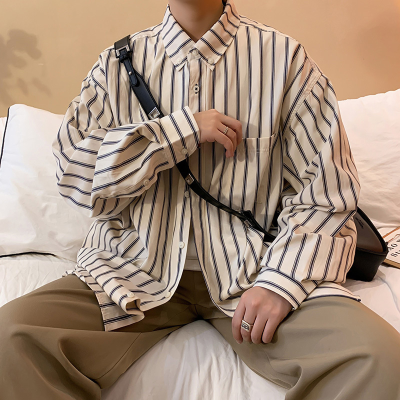 Neutral Style Striped Shirt for Men, Long-Sleeved, Layered, Japanese Retro Top, Unique Design, Niche Inner Wear, Outer Wear, Spring and Autumn