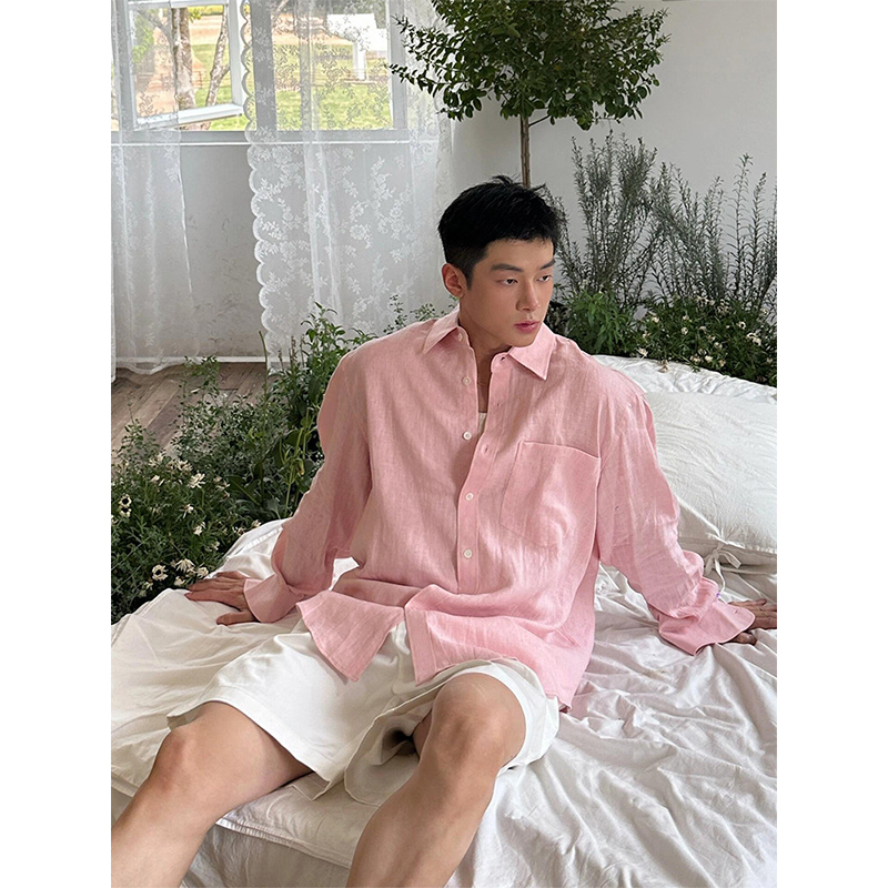Pink Cotton and Linen Long-Sleeved Shirt for Men in Summer, Lightweight, Breathable, Sun-Protective Shirt, Loose and Lazy Style Linen Casual Jacket