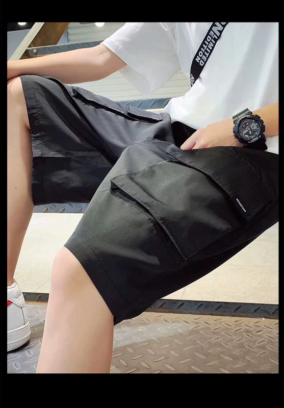 Cặp đôi quần short mùa hè Mỹ retro túi trung tính BF lỏng thẳng dụng cụ quần năm điểm Nhật Bản hợp thời trang thương hiệu quần giữa - Quần short