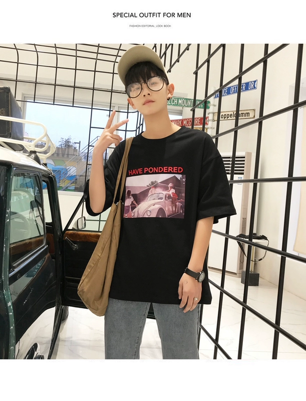 Ngắn tay t-shirt nam mùa hè vài lỏng 5 năm tay áo tay áo sinh viên hoang dã bf gió giản dị vòng cổ quần áo áo khoác nam đẹp