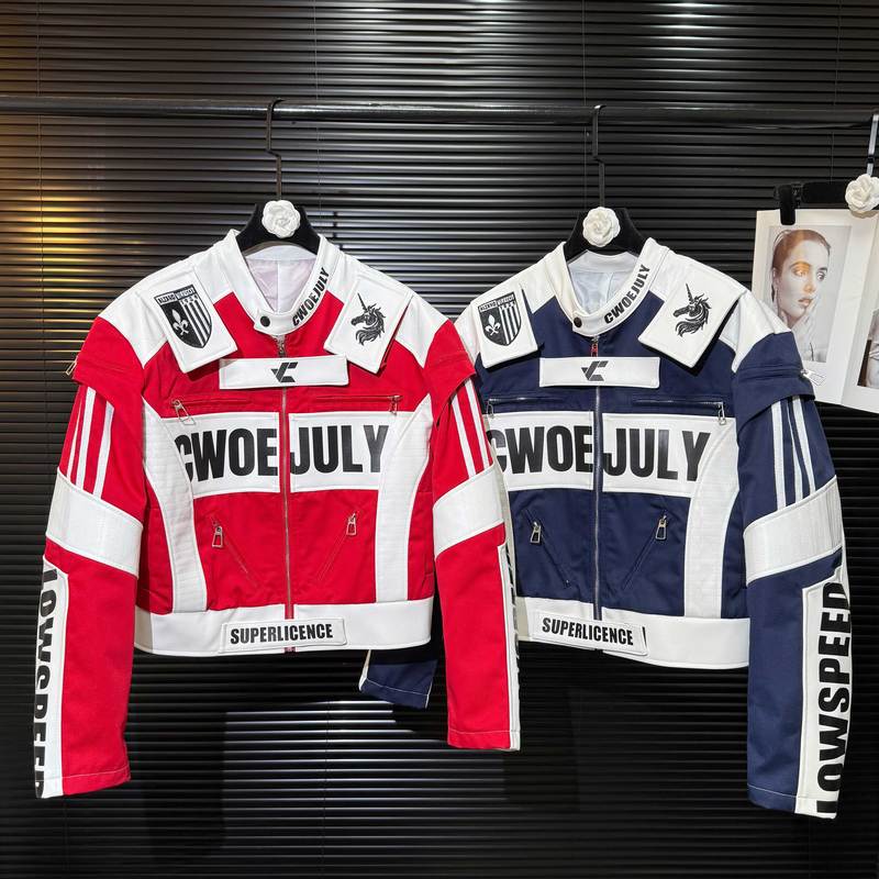 Cool and Stylish, Eye-Catching, Unique Design, Silhouette Embroidery, Color-Blocking Leather Patchwork, Personalized Racing Jacket for Women, Autumn Hot Item