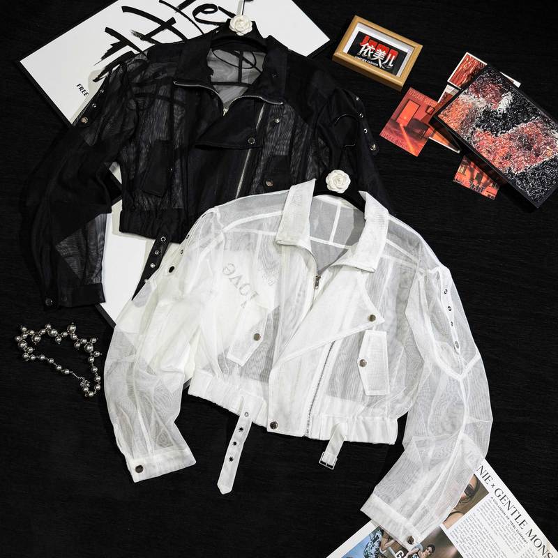 Trendy Hollow-Out Mesh Lace-Up Lapel Biker Jacket Thin Coat for Women Summer High-End Design Jacket Top